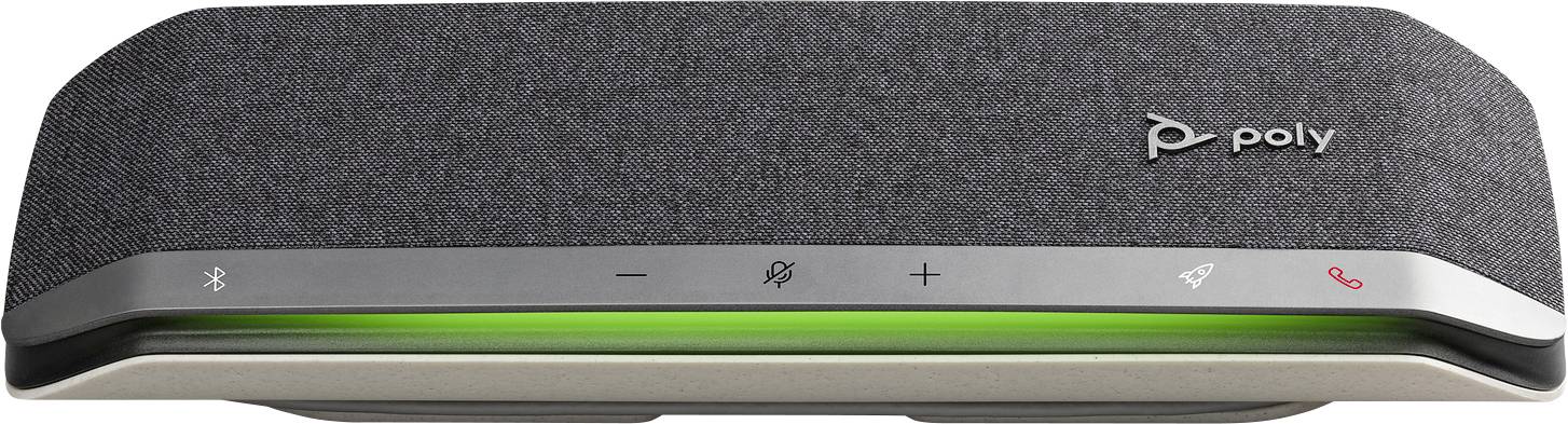 Sivočierny konferenčný reproduktor s tlačidlami pre Bluetooth, stlmenie zvuku, ovládanie hlasitosti a prijatie hovoru.
