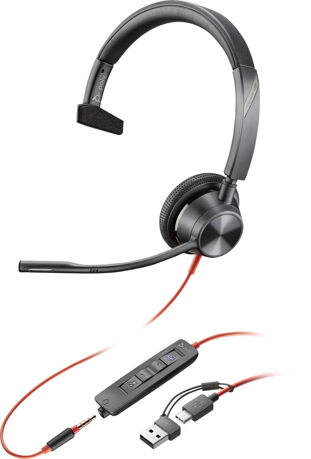 HP Poly Blackwire C3315-M Micro-casque supra-auriculaire filaire Mono noir Suppression du bruit du microphone, Noise Cancelling micro-casque, volume réglable, 5