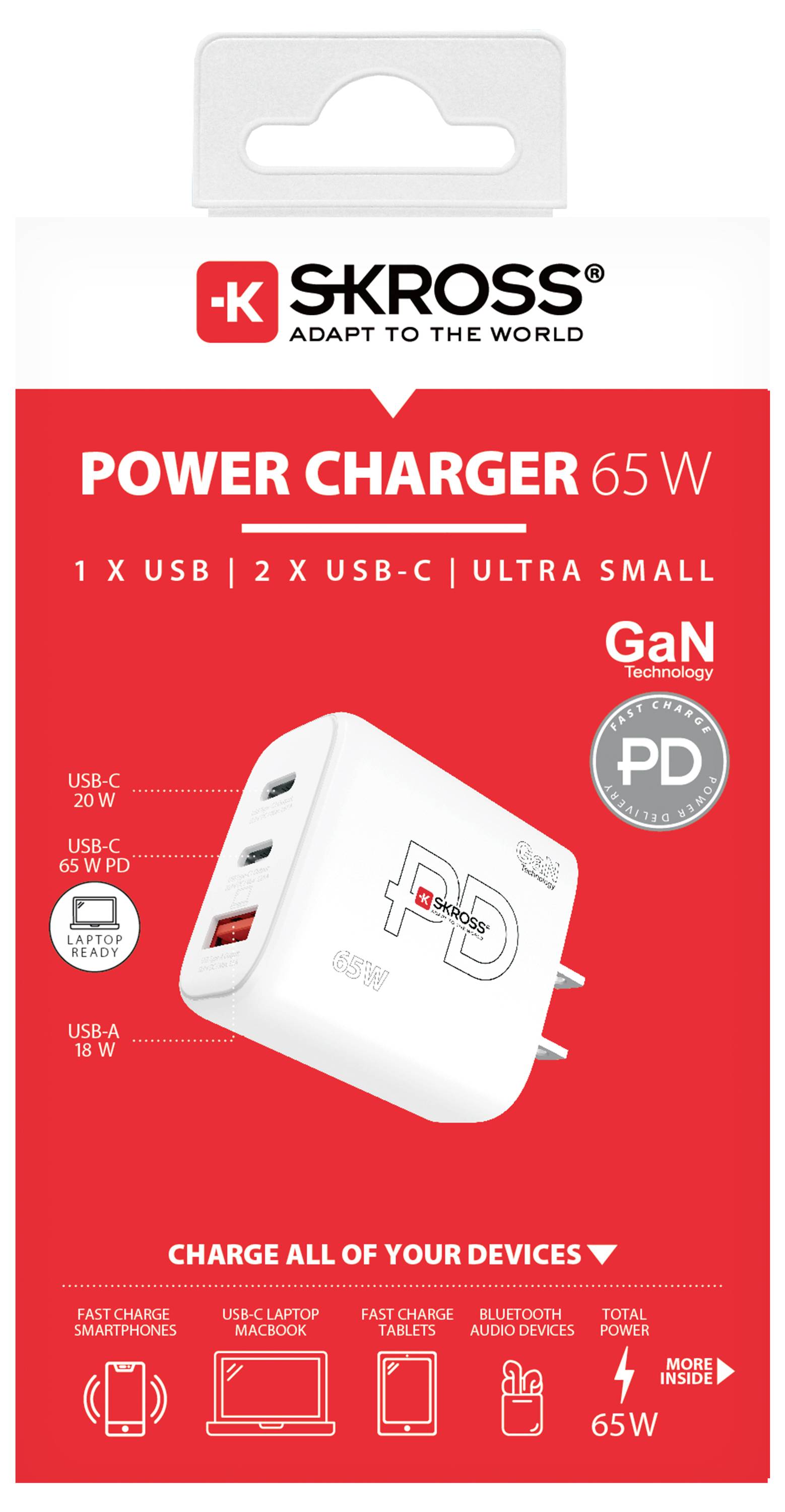 Biele SKROSS nabíjačka s výkonom 65W, 1x USB-A, 2x USB-C, vhodná pre rôzne zariadenia. Balenie zdôrazňuje kompaktnosť a technológiu GaN.