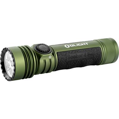 Zelená baterka s nápisom 'Olight' a 'Seeker 4 pro'. Má vrúbkovaný úchop a ovládacie prvky po stranách.