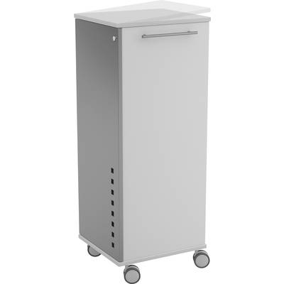 Sivá, úzka skriňa na kolieskach s jednou prednou stenou. Ideálna na uskladnenie dokumentov alebo kancelárskych potrieb.
