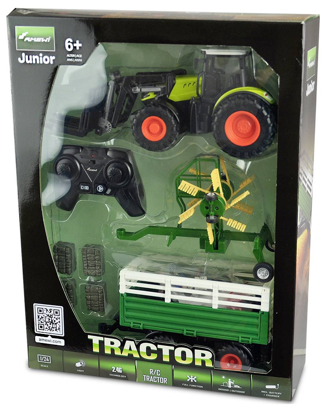 Detská sada traktora na diaľkové ovládanie pre deti od 6 rokov obsahuje diaľkovo ovládaný traktor, príves, ovládač a náhradné kolesá v jednom balení.