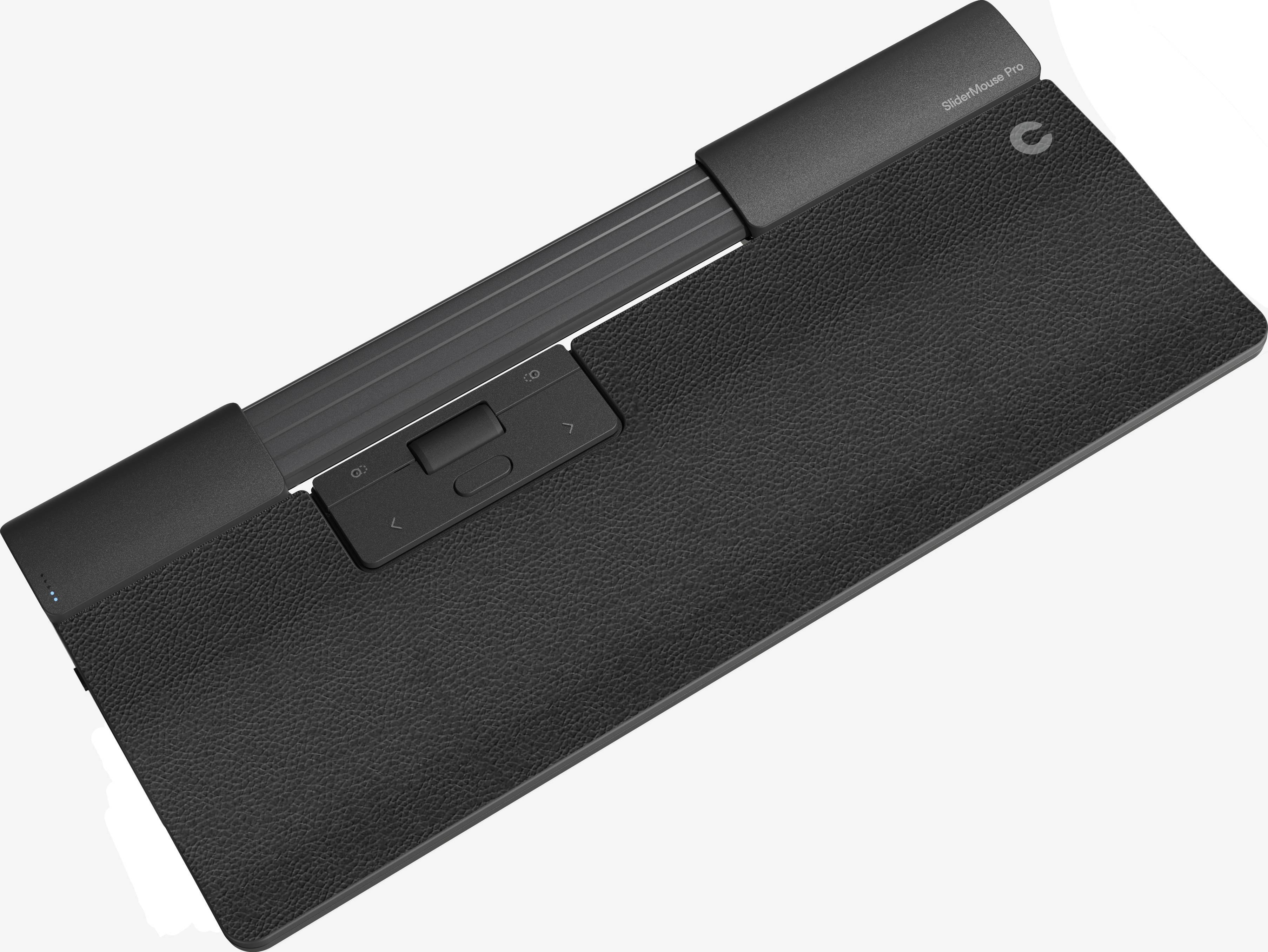Čierne ergonomické touchpad s tlačidlami vpred a vzad a koženým poťahom. Vhodné pre ovládanie počítača a gestické ovládanie.