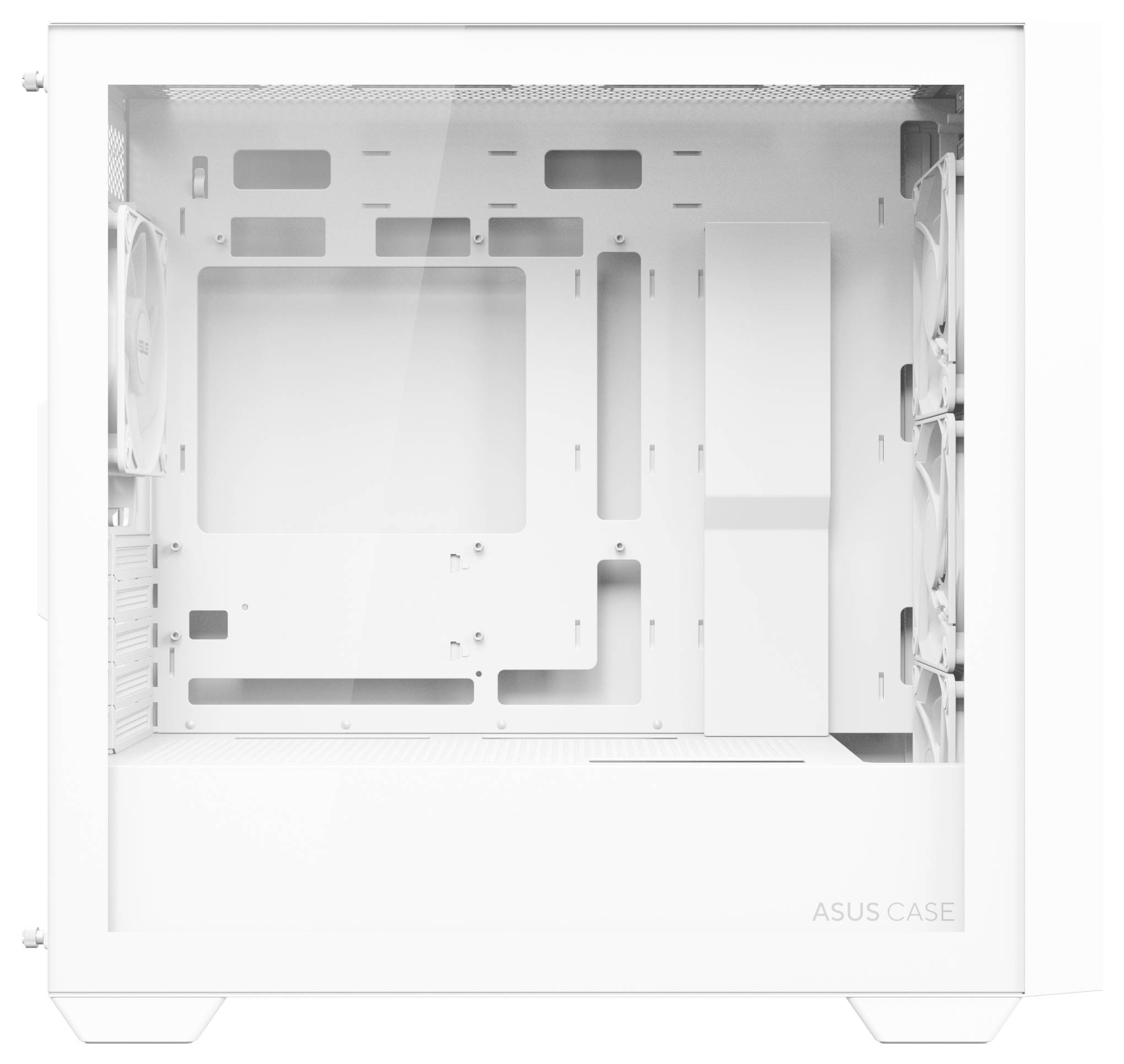 Prázdny biely PC kryt od ASUS s priehľadnou bočnou stenou, pripravený na inštaláciu komponentov.