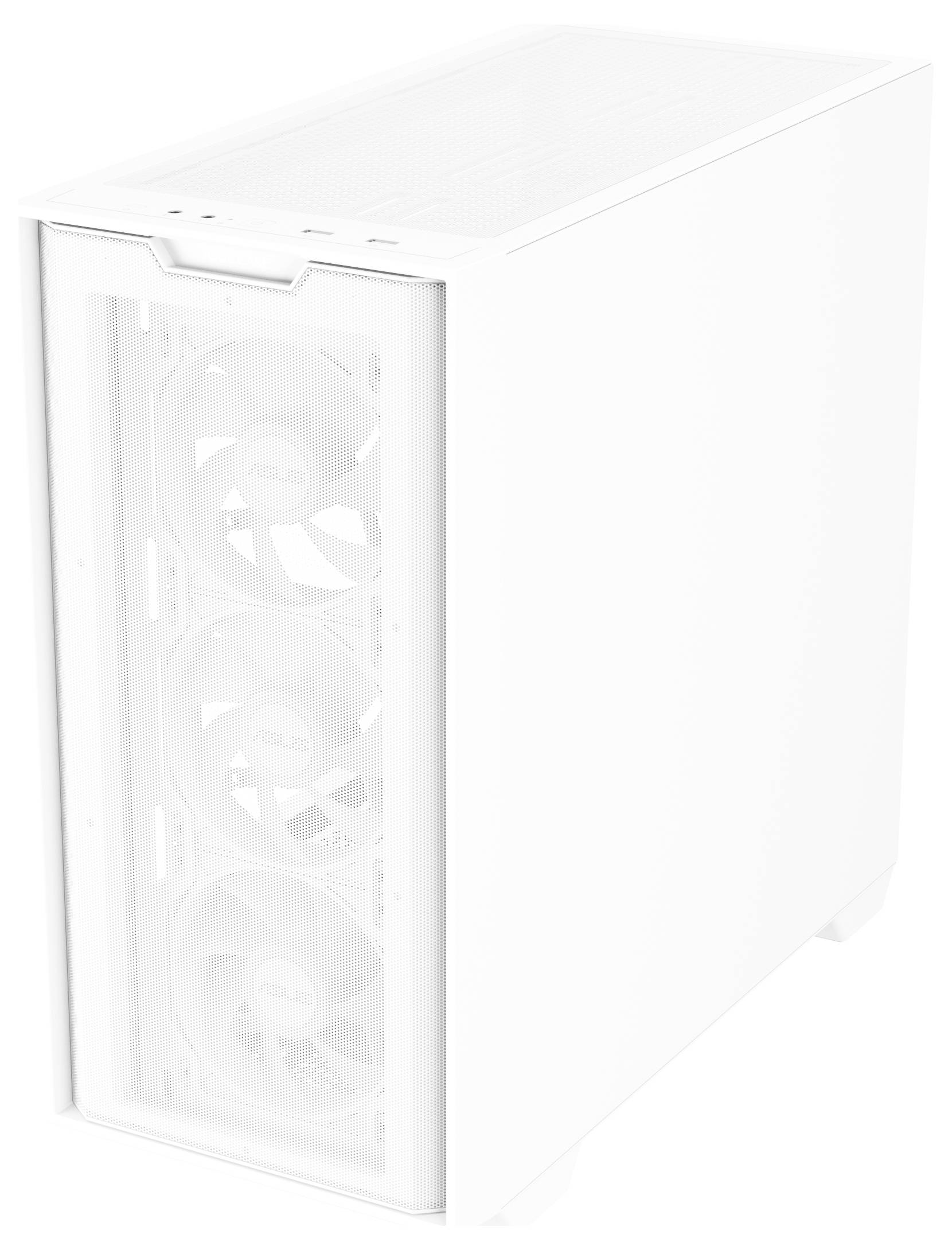 Biele počítačové púzdro s tromi viditelnými ventilátormi na prednej strane. Má jednoduché, moderné dizajnové prevedenie.