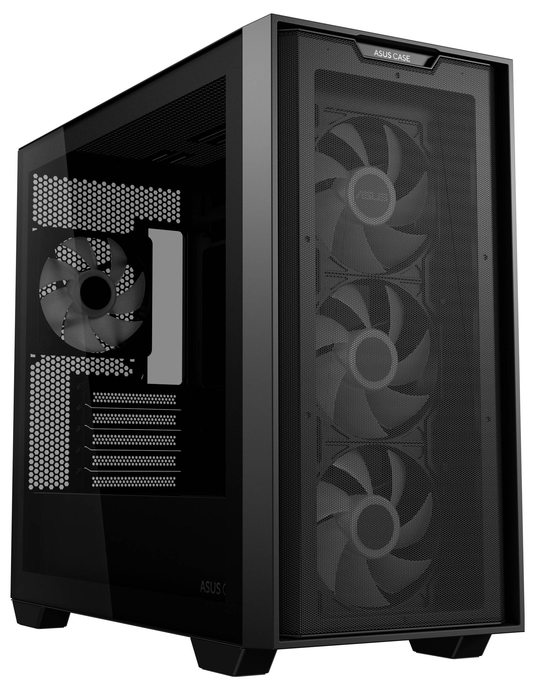 Čierna PC skrinka s priehľadným bočným panelom a viacerými ventilátormi na prednej strane, vhodná pre výkonný hardvér.