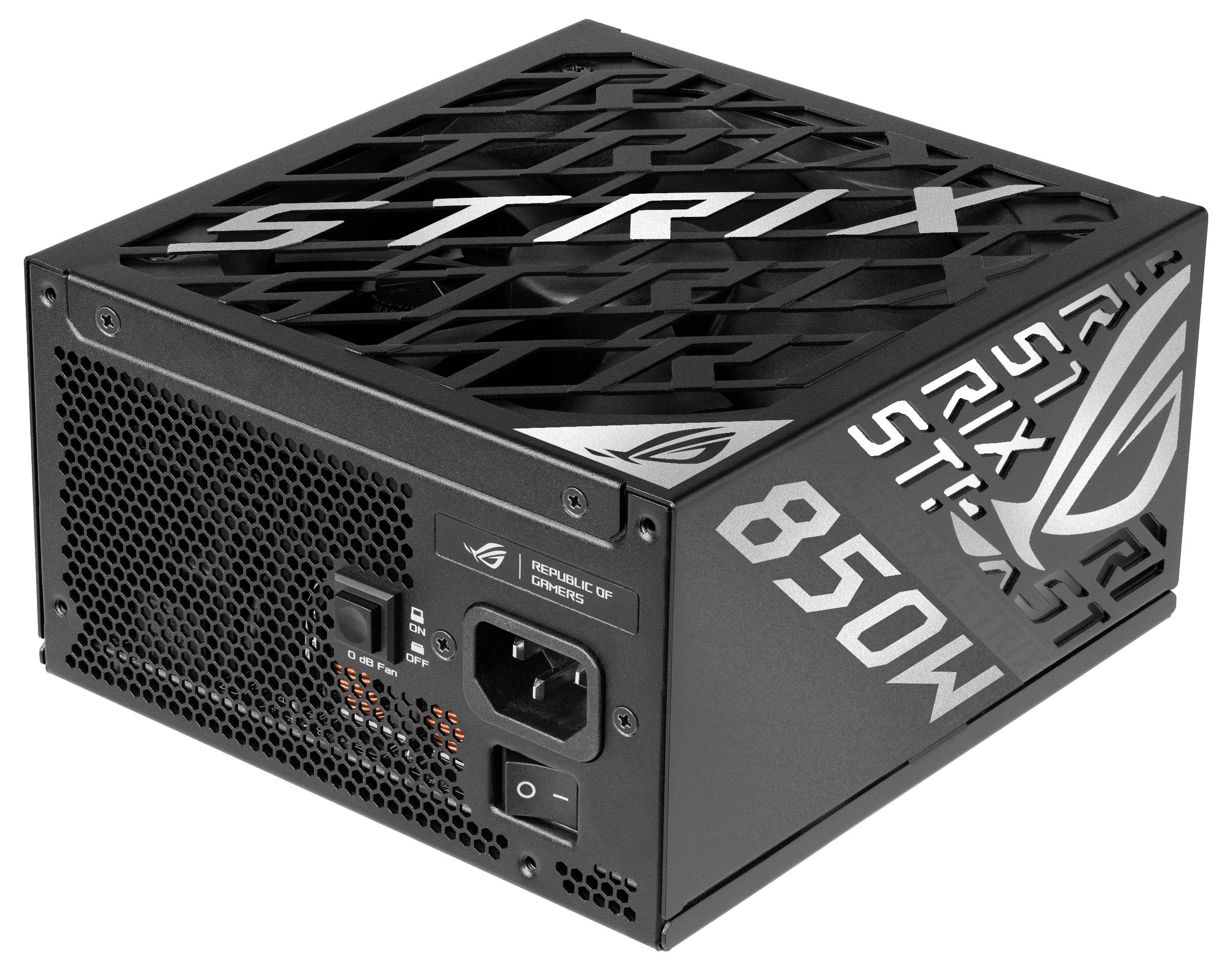 Sieťový napájací modul s čiernym krytom, na ktorom je napísané 'STRIX 850W'. Obsahuje vetracie mriežky, sieťový vypínač a konektory na zadnej strane.