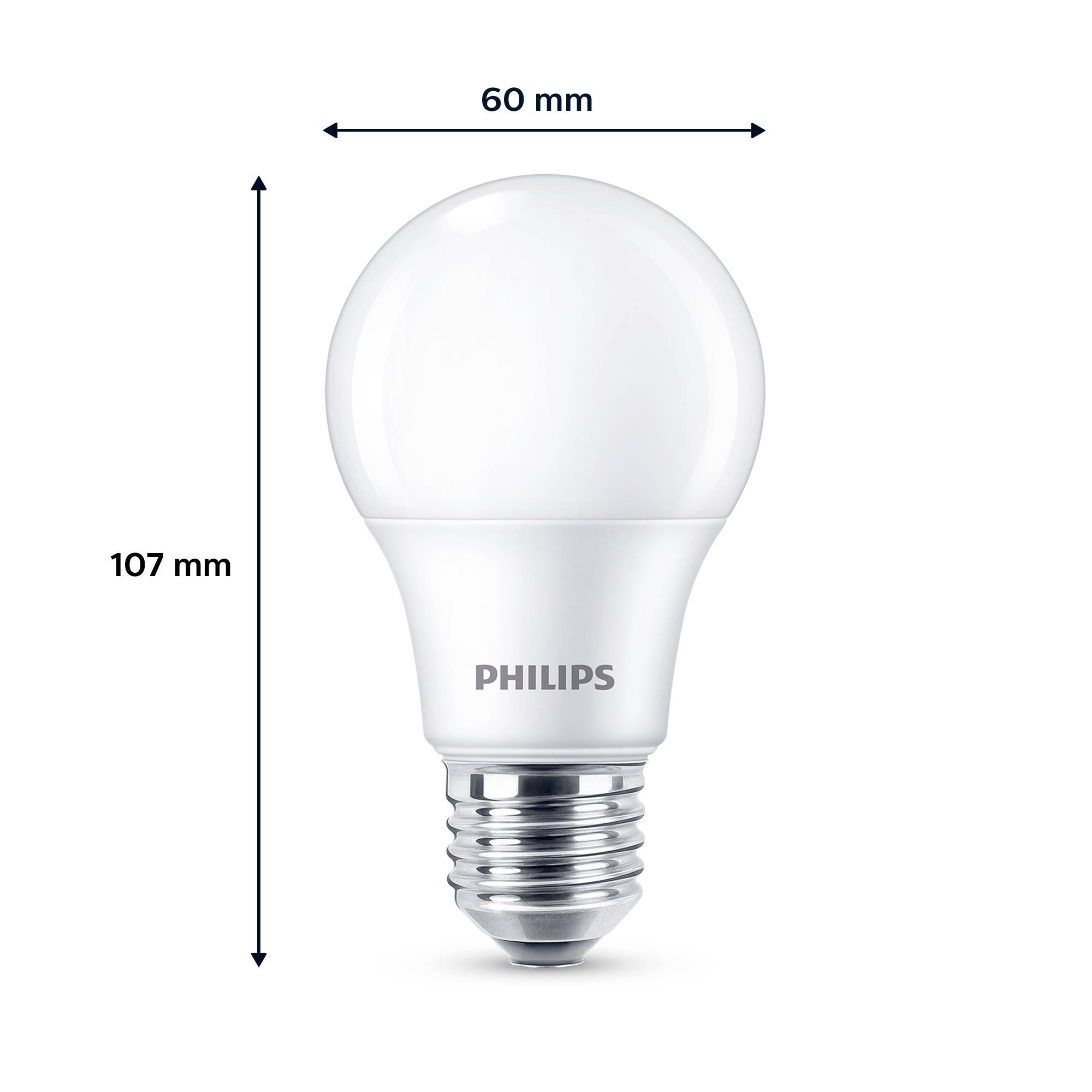 Philips LED žiarovka s rozmermi 60 mm šírky a 107 mm výšky.