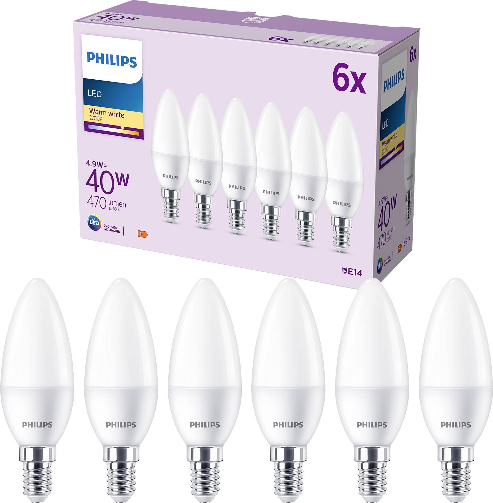 Šesť LED žiaroviek Philips v tvare sviečky s päticou E14, 4,9W, 470 lúmenov, teplá biela farba, zobrazené v balení.