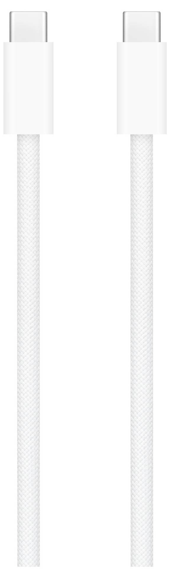 Biely USB-C na USB-C kábel s opletaným plášťom a striebristo sfarbeným konektorom, položený plochým spôsobom na bielom pozadí.
