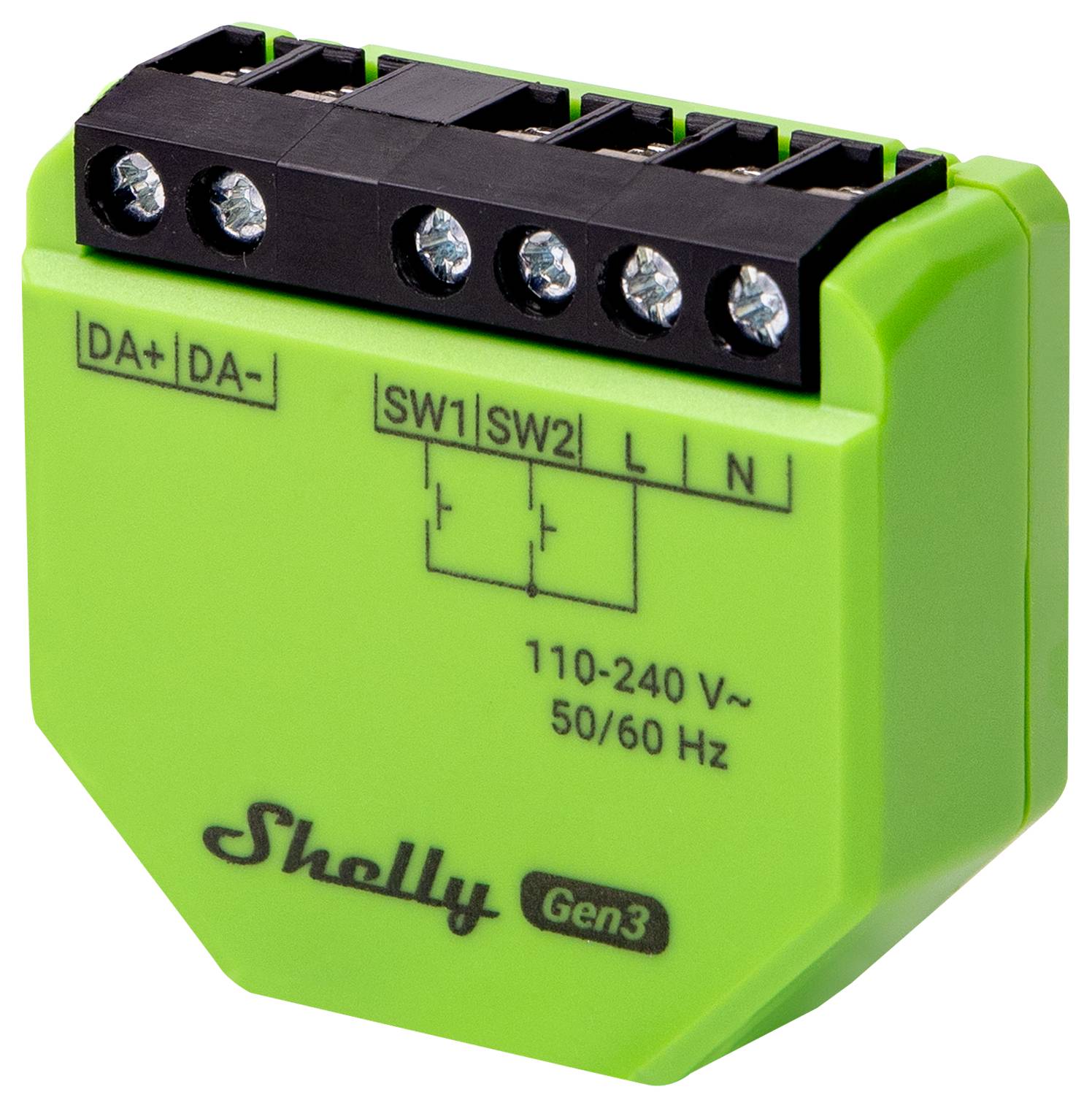 Zelený elektrický modul s popiskami: 'DA+, DA-', 'SW1, SW2', 'L, N'. Potlač '110-240 V~', '50/60 Hz' a 'Shelly Gen3'.