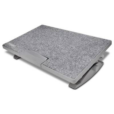 Sivá, plsteným poťahom potiahnutá podnožka so skloneným povrchom na nastaviteľnom stojane pre ergonomické sedenie na pracovisku.