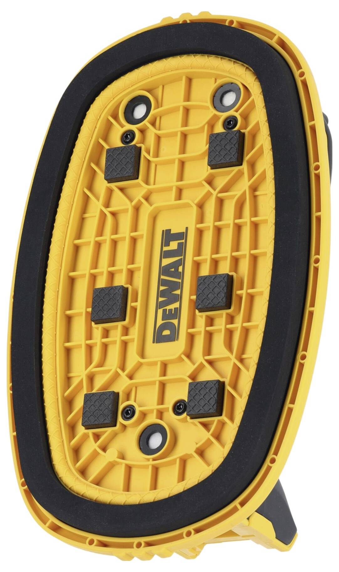 Žltý, oválny brúsny podstavec s čiernymi protišmykovými materiálmi a názvom značky v strede.