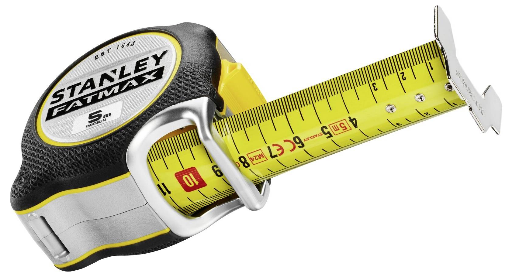 Rozvinutý žltý meter so značkami v centimetroch a milimetroch. Je označený nápisom 'Stanley Fatmax'.