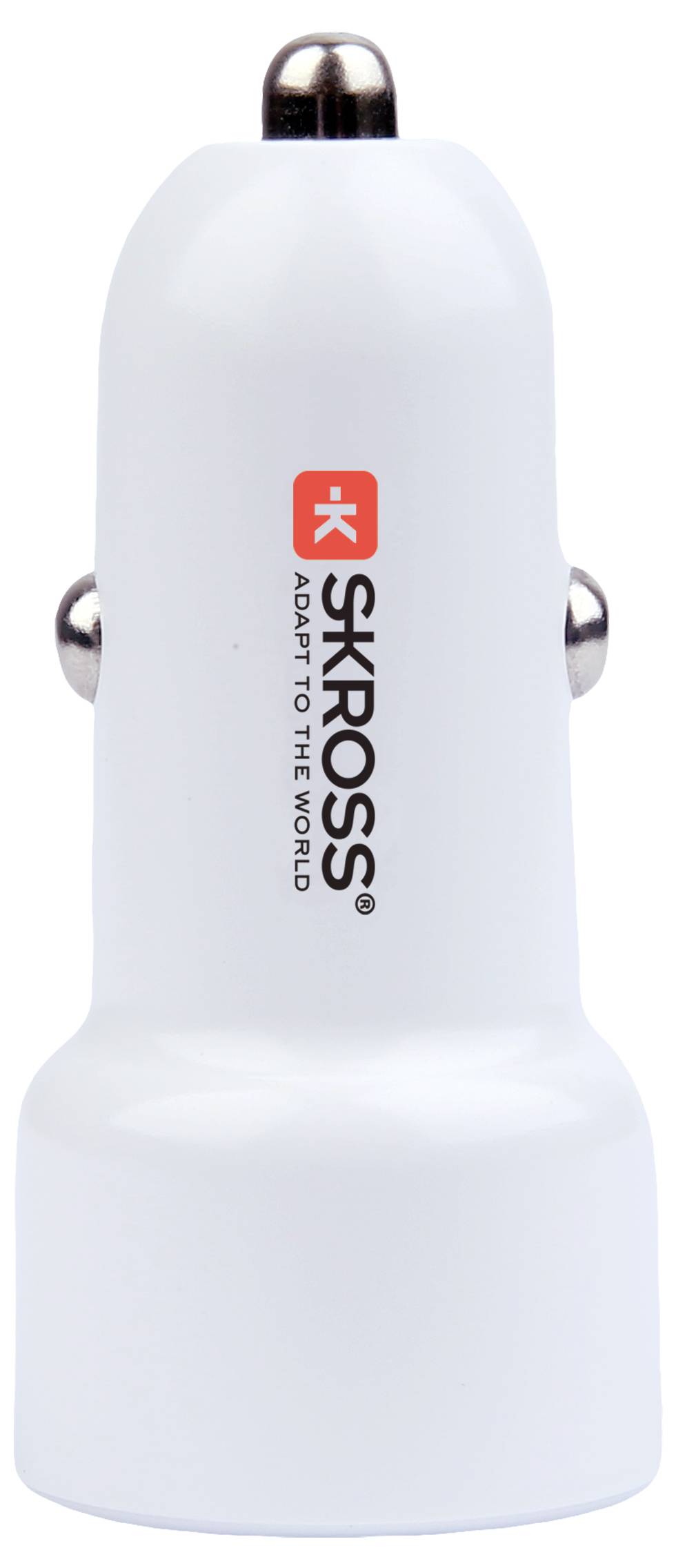 Biely USB autoadaptér s potlačou značky 'SKROSS', vhodný na nabíjanie zariadení v automobile.