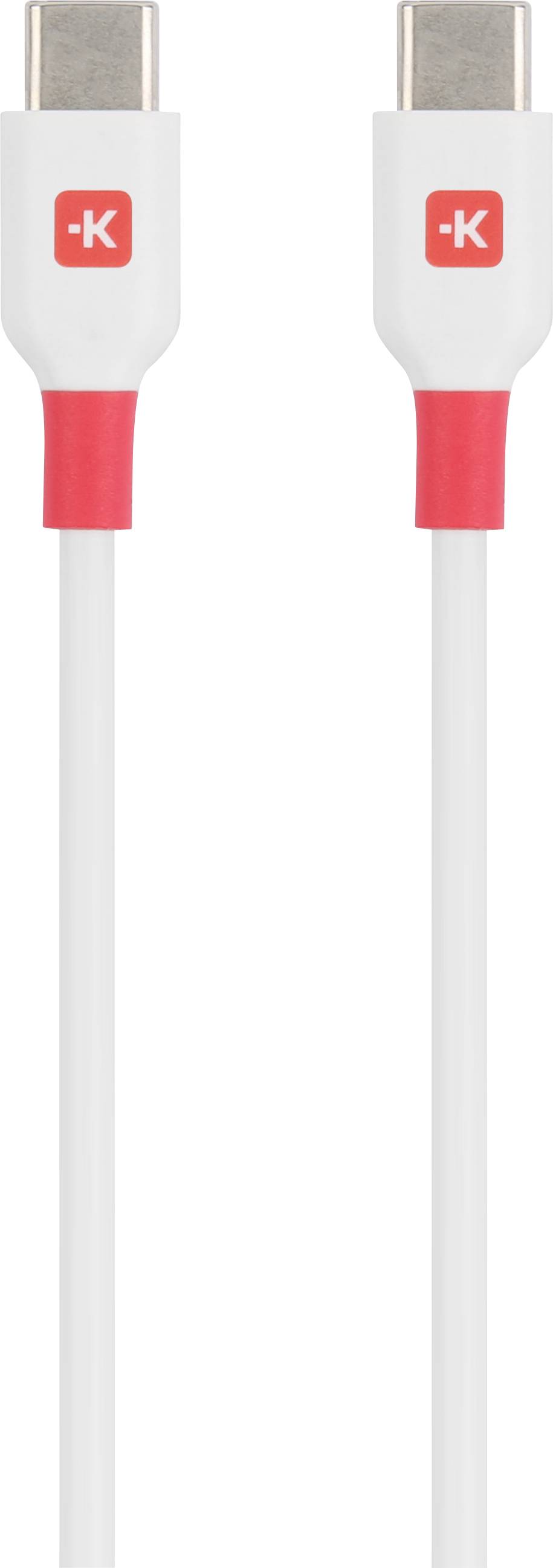 USB-C kábel s červenými a bielymi konektormi, vhodný na prepojenie zariadení ako sú smartfóny alebo laptopy.