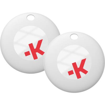 Dva biele okrúhle prívesky s otvorom hore, potlačené červeným logom '-K' v strede.