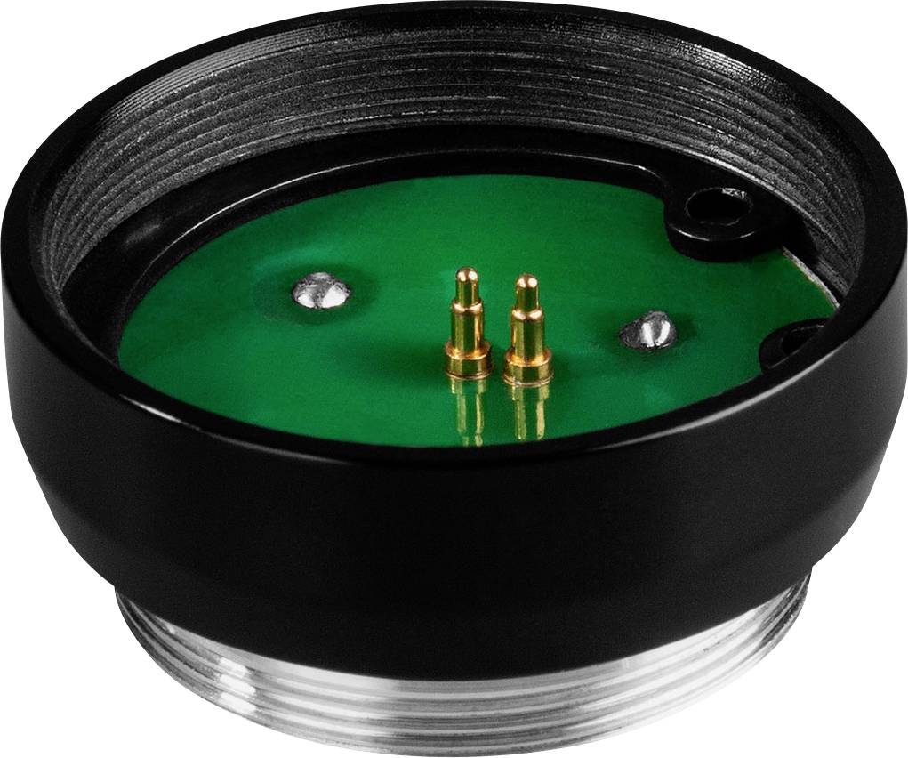 Elektrický guľatý konektor s dvoma zlatými kolíkmi a čiernym obalom, používaný na prepojenia v elektronických zariadeniach.