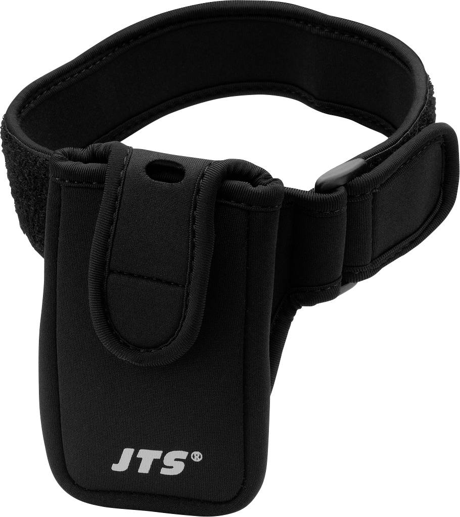 Čierna, vybavená mikrofonová taška so suchým zipsom a logom 'JTS', ktorá zaručuje bezpečné uchytenie na ramene počas vystúpení.