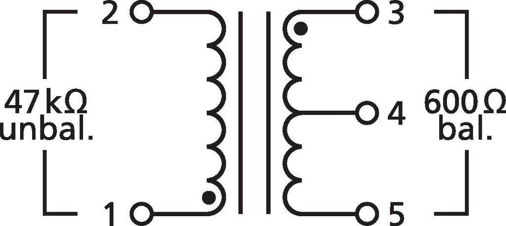 Spínací symbol transformátora. Vľavo: 47 kΩ nevyvážené vstupy na svorkách 1 a 2. Vpravo: 600 Ω vyvážené výstupy na svorkách 3 a 4.