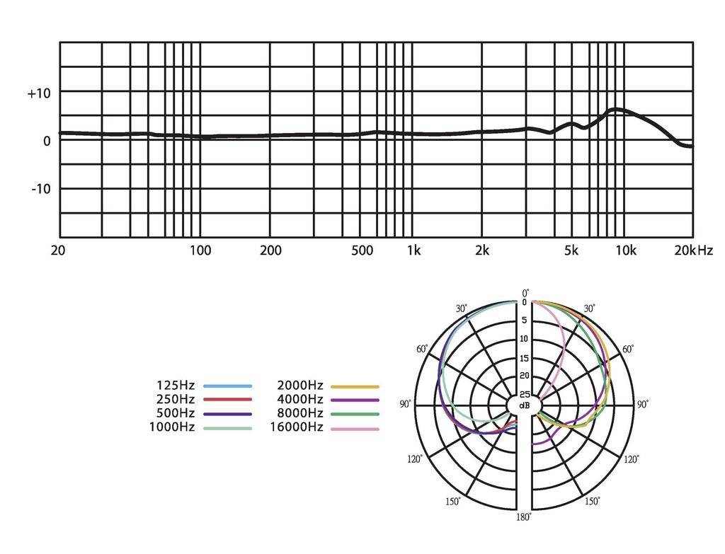 Graf frekvenčnej charakteristiky od 20 Hz do 20 kHz s jemnou odchýlkou pri 5 kHz. Pod ním polárny graf pre rozsah 125 Hz až 16 kHz.