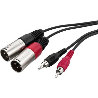 XLR kábel, samčí konektor, čierny a červený, prepojený s cinch konektormi, tiež čiernymi a červenými, na bielom pozadí.