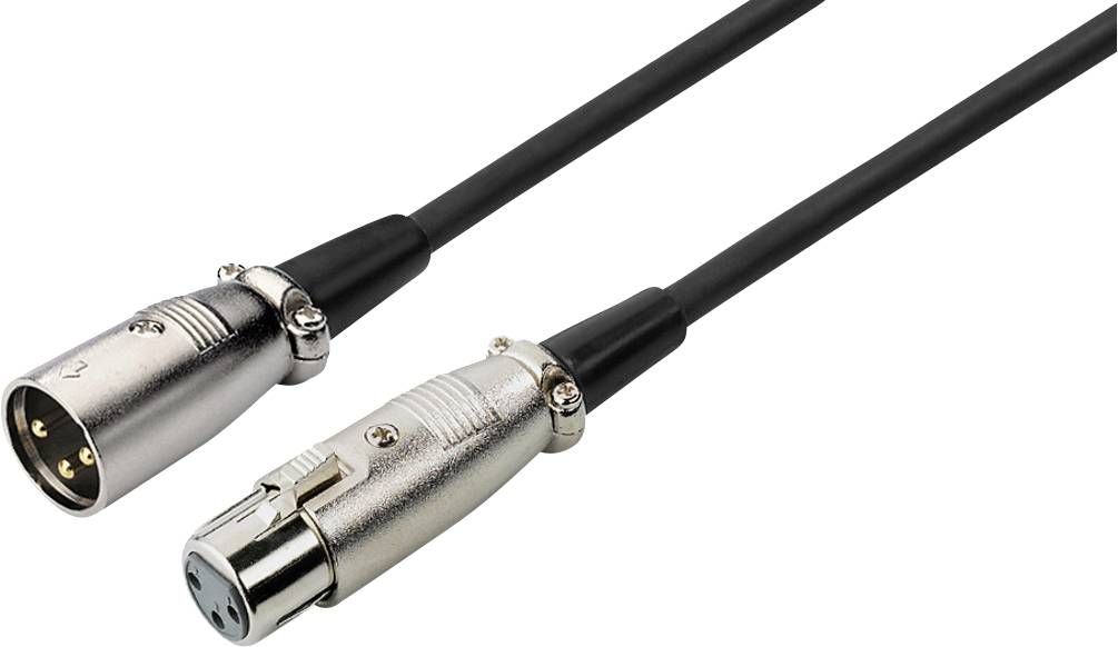 XLR kábel s samčím a samičím konektorom, používaný pre profesionálne audio zariadenia. Kovový kryt s tromi pinmi a čiernym káblom.