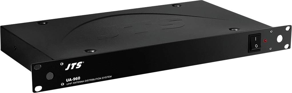Čierny 19-palcový rack adaptér s logom JTS a prepínačom, určený na pripojenie a distribúciu RF signálov v audiosystémoch.