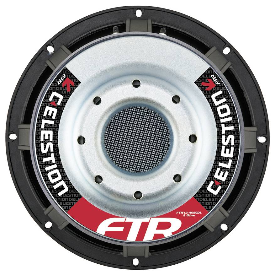 Reproduktory Celestion so striebornou membránou a červenými grafickými prvkami na kryte, model 'FTR12-4080DL'.