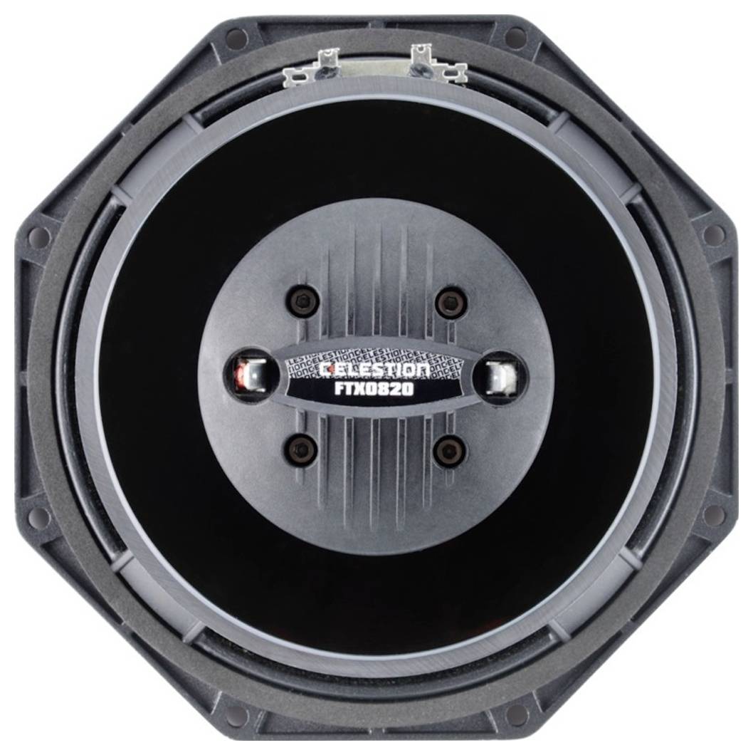 Reproduktor s nápisom 'Celestion FTX0820'. Zobrazuje prednú stranu okrúhleho meniča v kovovom púzdre.