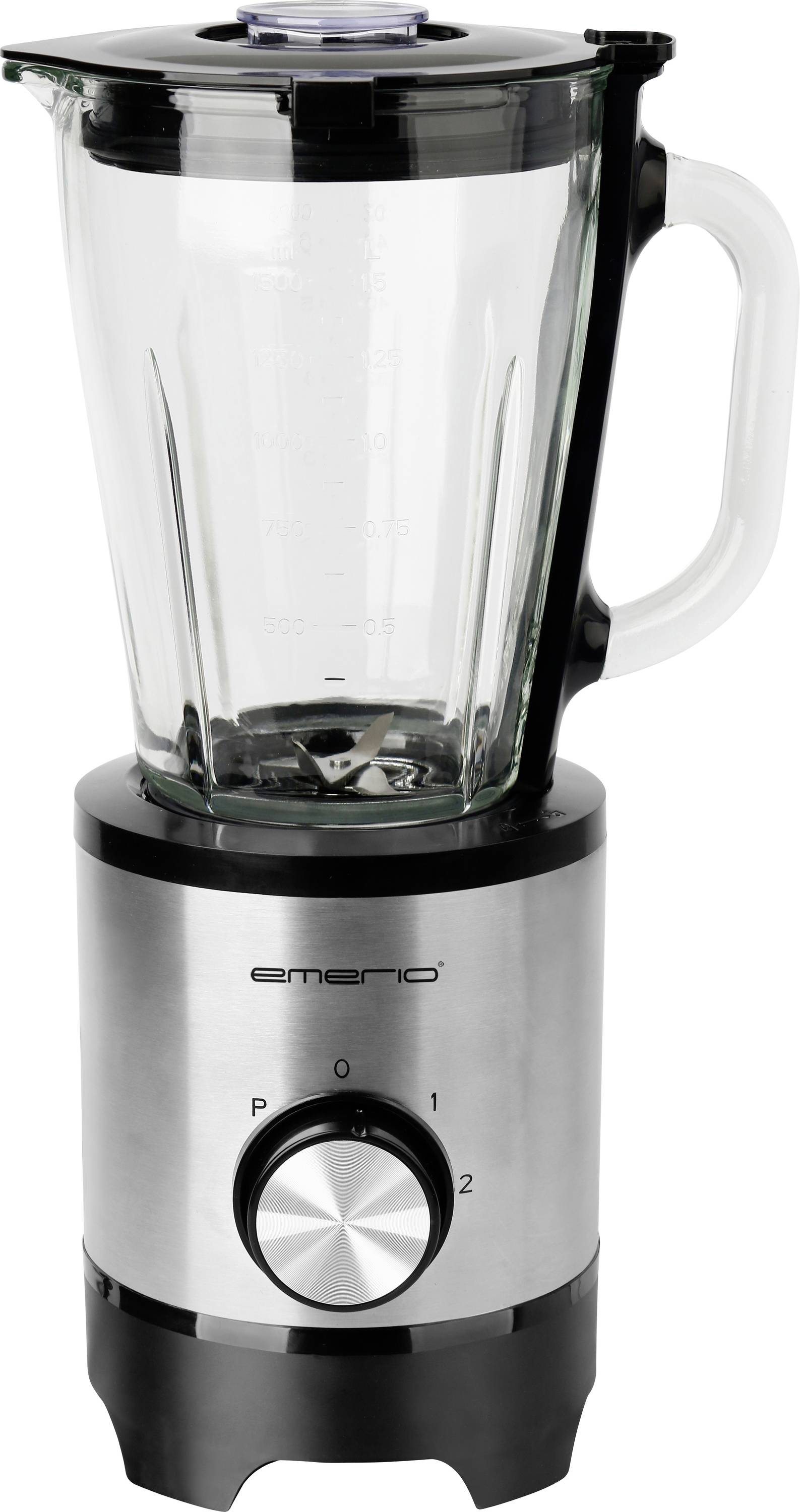 Strieborný stolný mixér so sklenenou nádobou a čiernou základňou. Otočný gombík na prednej strane má tri nastavenia: 0, 1 a 2.