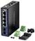 Priemyselný gigabitový ethernetový optický konvertor TRENDnet TI-G515C s piatimi RJ-45 portami a optickými prípojkami, vrátane príslušenstva.