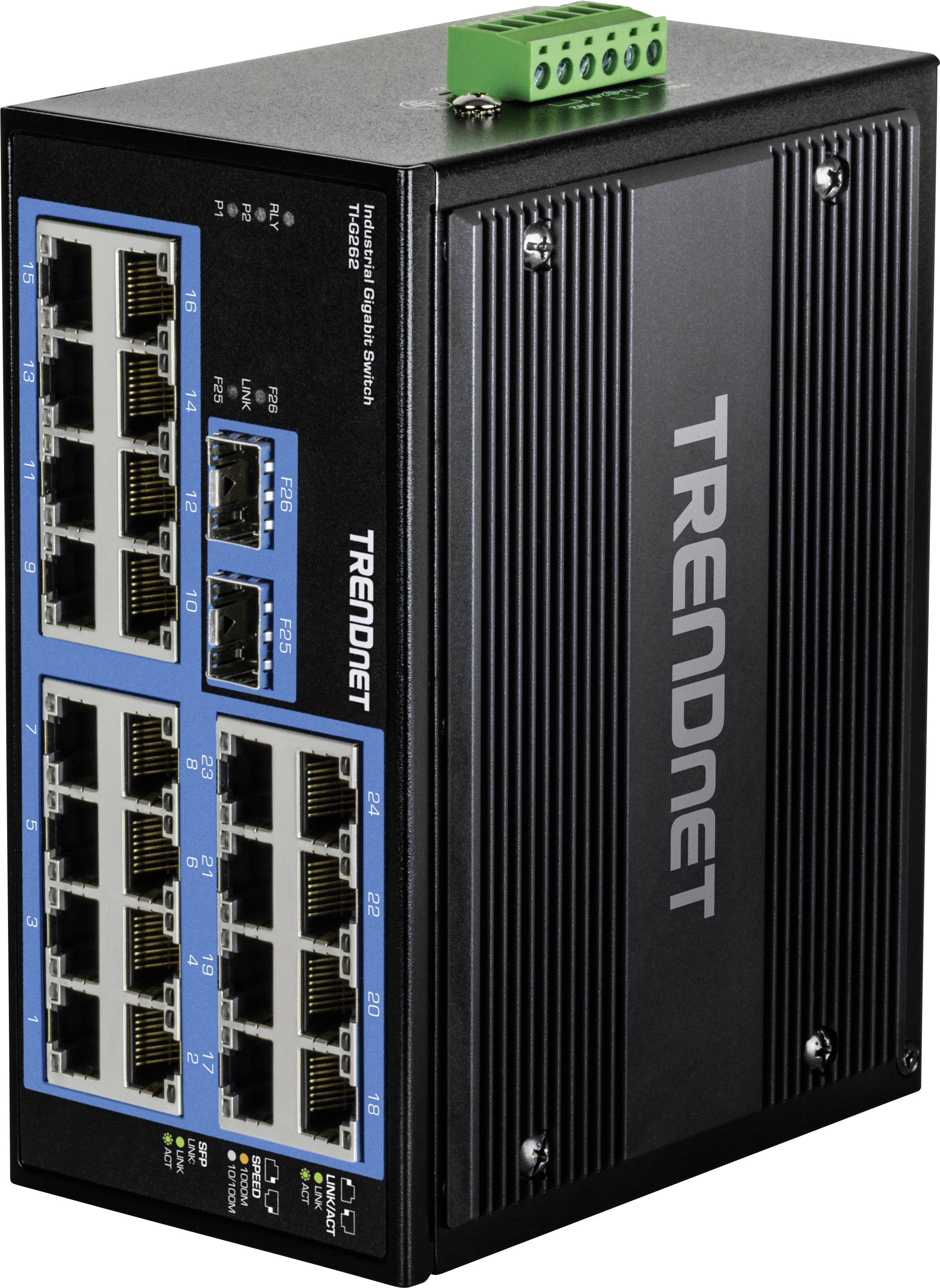 Priemyselný gigabitový prepínač od TRENDnet s 16 portami RJ45 a 2 slotmi SFP, vhodný pre robustné sieťové prostredia.
