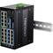 Čierny TRENDnet ethernetový prepínač s 16 portami a montážnou lištou, vhodný pre priemyselné sieťové inštalácie.