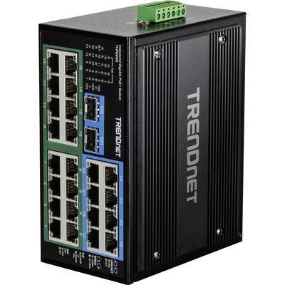 Priemyselný ethernetový switch so 16 portami a robustnou konštrukciou, vhodný pre drsné prostredia. Názov modelu je zobrazovaný ako 'TRENDnet'.