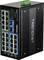 Priemyselný ethernetový switch so 16 portami a robustnou konštrukciou, vhodný pre drsné prostredia. Názov modelu je zobrazovaný ako 'TRENDnet'.