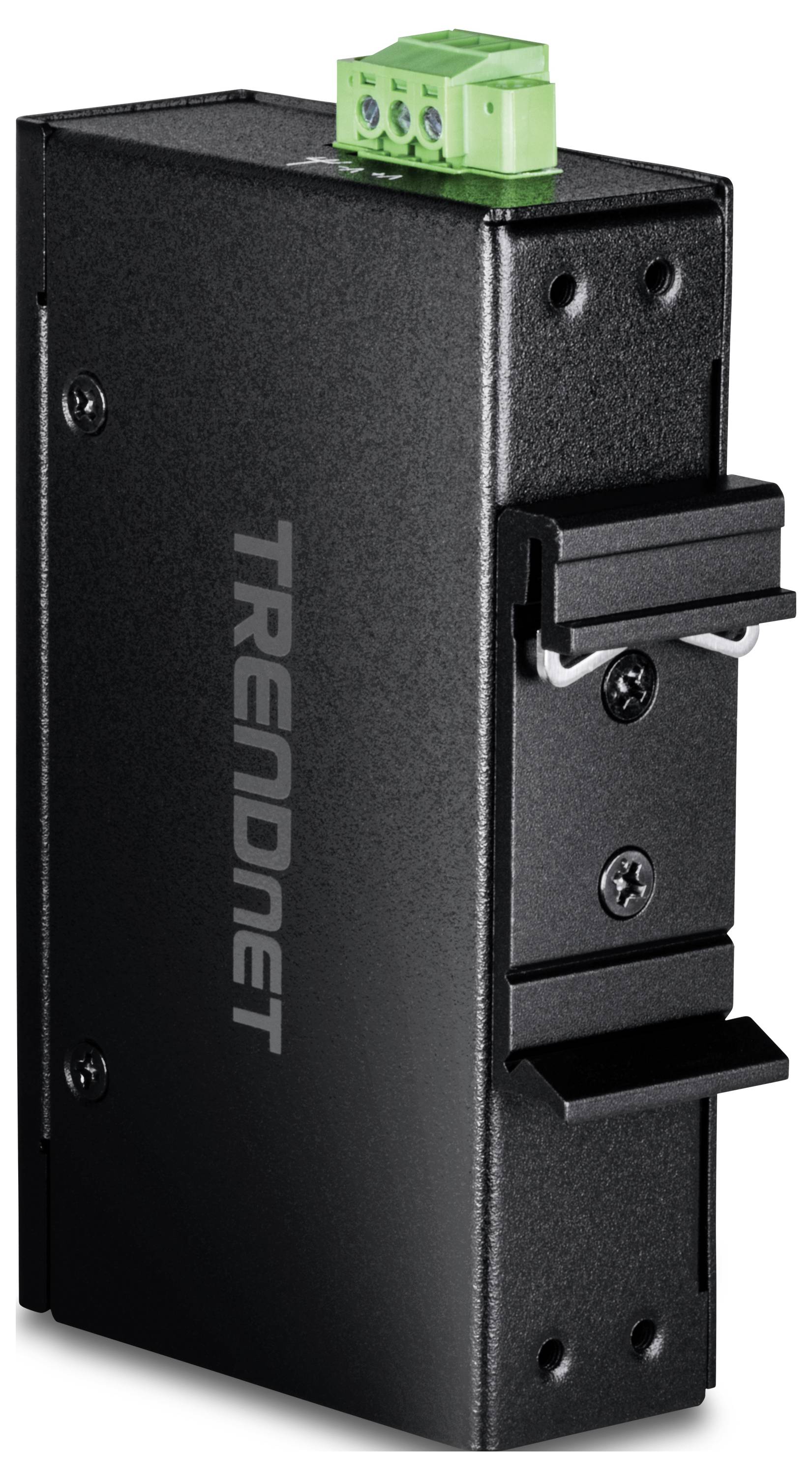 Čierny, obdĺžnikový sieťový prístroj TRENDnet so zelenými pripájacími svorkami na vrchu. Vhodný pre priemyselné aplikácie.