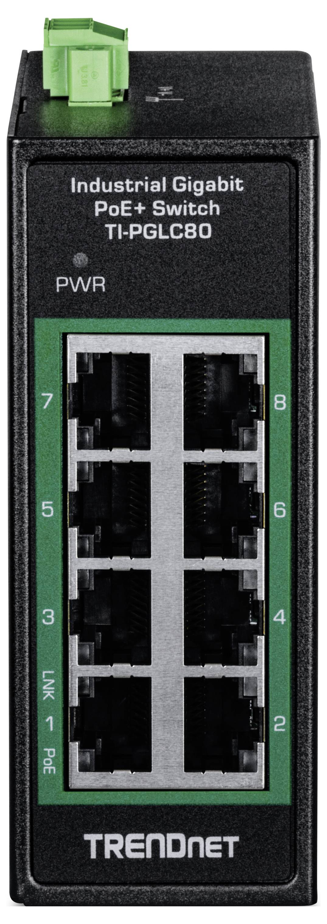 Priemyselný gigabitový PoE+ switch s 8 ethernetovými portami a zelenou pripojovacou svorkou. Číslo modelu: TI-PGLC80 od TRENDnet.