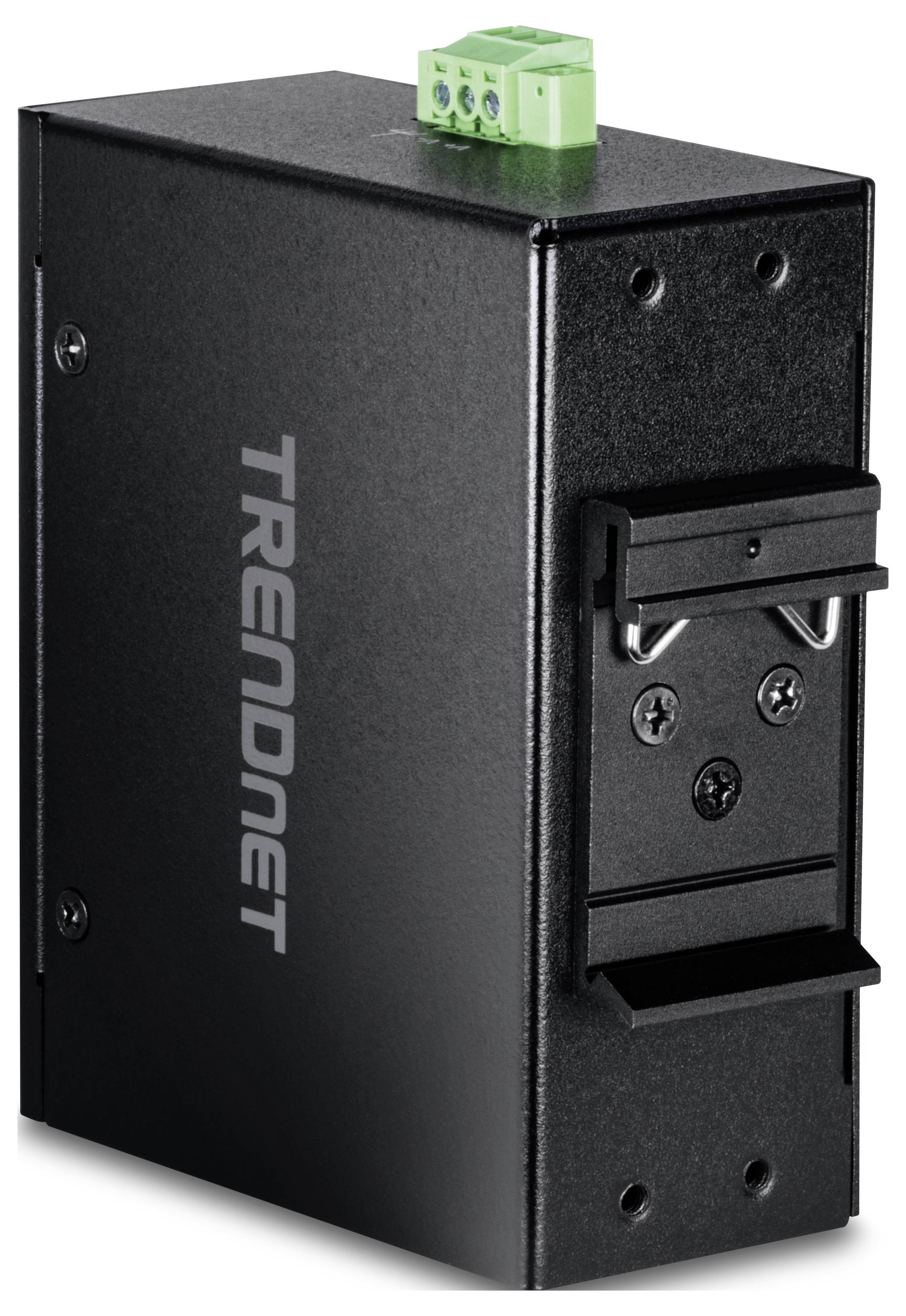 Priemyselný gigabitový PoE+ mediálny konvertor, čierny, so zeleným sieťovým konektorom hore; robustný dizajn pre náročné prostredia.