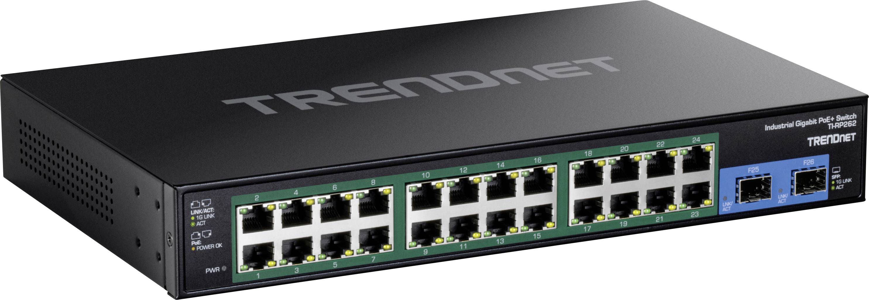Čierny sieťový switch od TRENDnet s 24 ethernetovými portami a dvoma dodatočnými prípojkami, ležiaci na bielom povrchu.