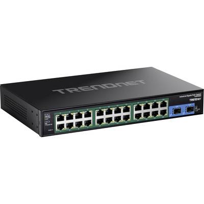 Čierny sieťový switch od TRENDnet s 24 ethernetovými portami a dvoma dodatočnými prípojkami, ležiaci na bielom povrchu.
