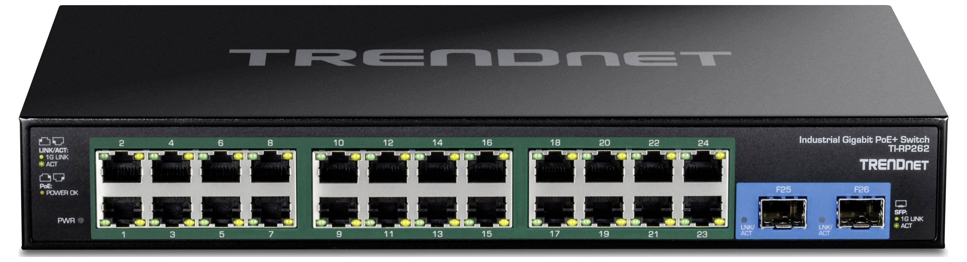 Priemyselný gigabitový PoE+ switch so 16 ethernetovými portami a 2 SFP portami, s názvom značky hore, pre sieťovú infraštruktúru.