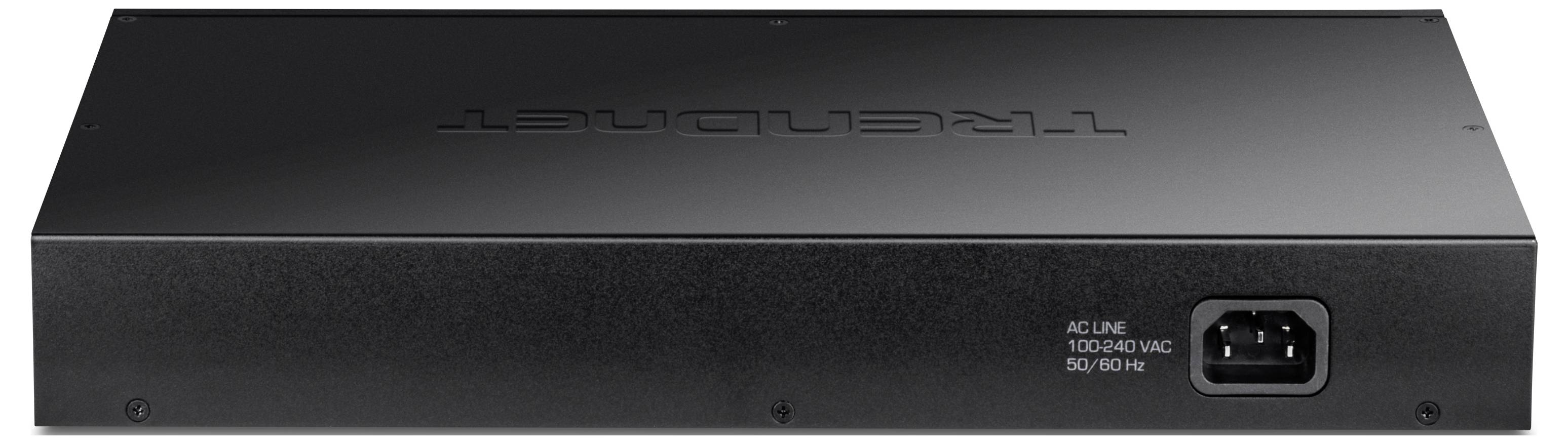 Čierny sieťový switch zozadu, s napájacím konektorom pre 100-240V AC a nápisom 'TRENDnet' na hornej strane.