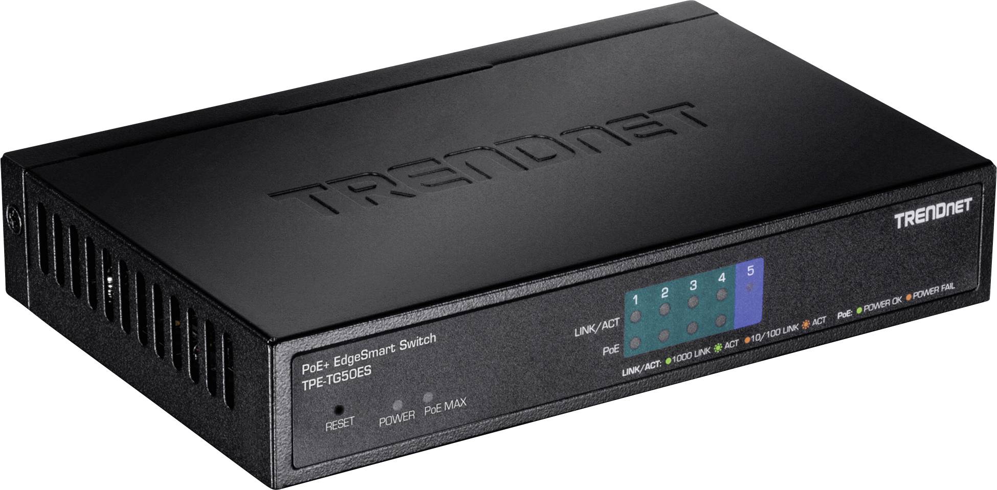 Čierny TRENDnet PoE-EdgeSmart Switch model TPE-TG50ES s piatimi sieťovými portami, LED indikátormi a logom značky.