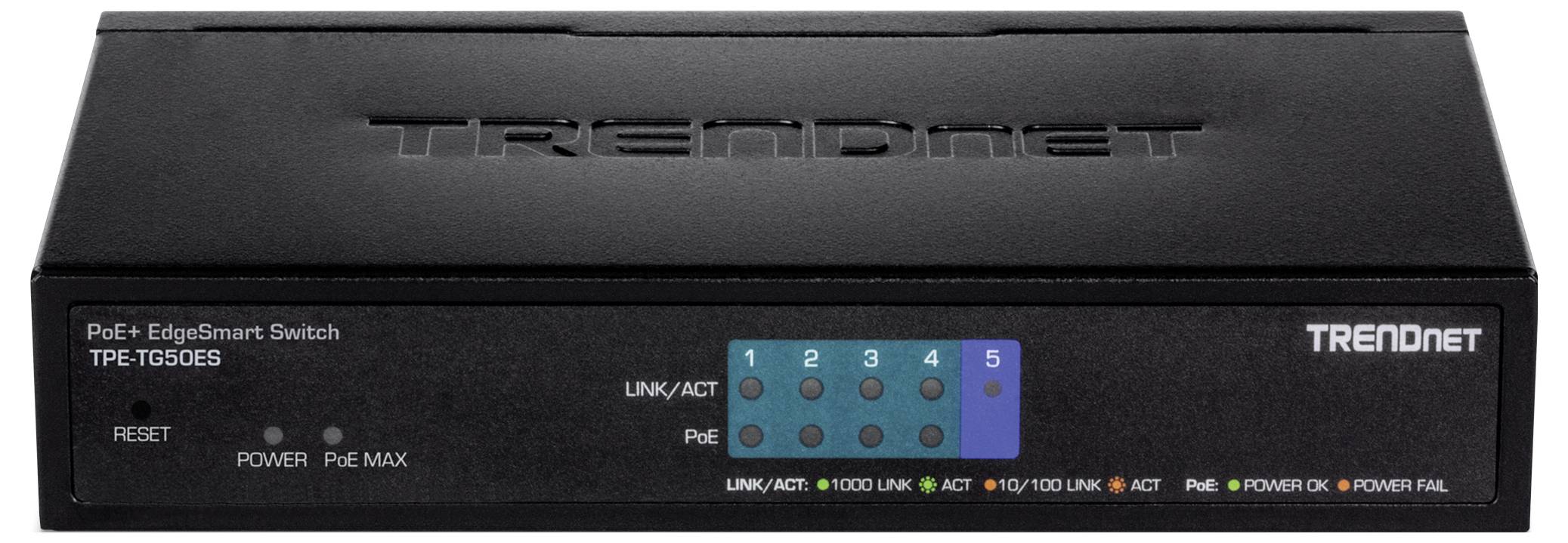 Čierny TRENDnet EdgeSmart PoE+ Switch TPE-TG50ES s piatimi ethernetovými portmi a LED indikátormi sieťovej aktivity.