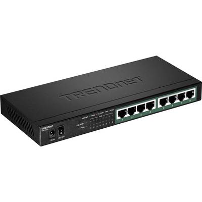 Čierny sieťový switch značky TRENDnet s ôsmimi ethernetovými portmi na prednej strane, vhodný pre kancelárske použitie.