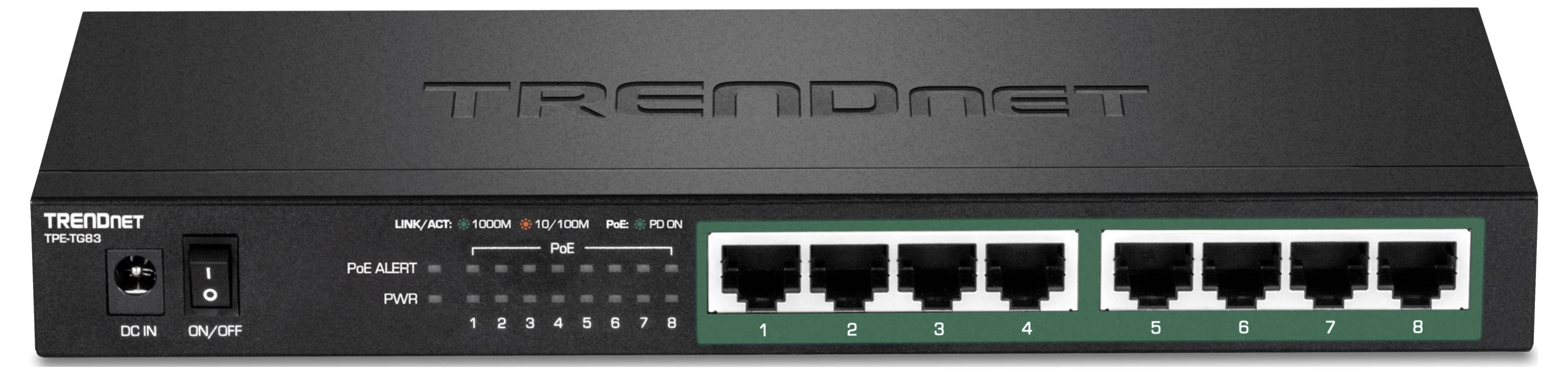 Čierny sieťový switch s ôsmimi ethernetovými portami, LED indikátormi napájania a stavu alarmu. Označenie: TRENDnet.