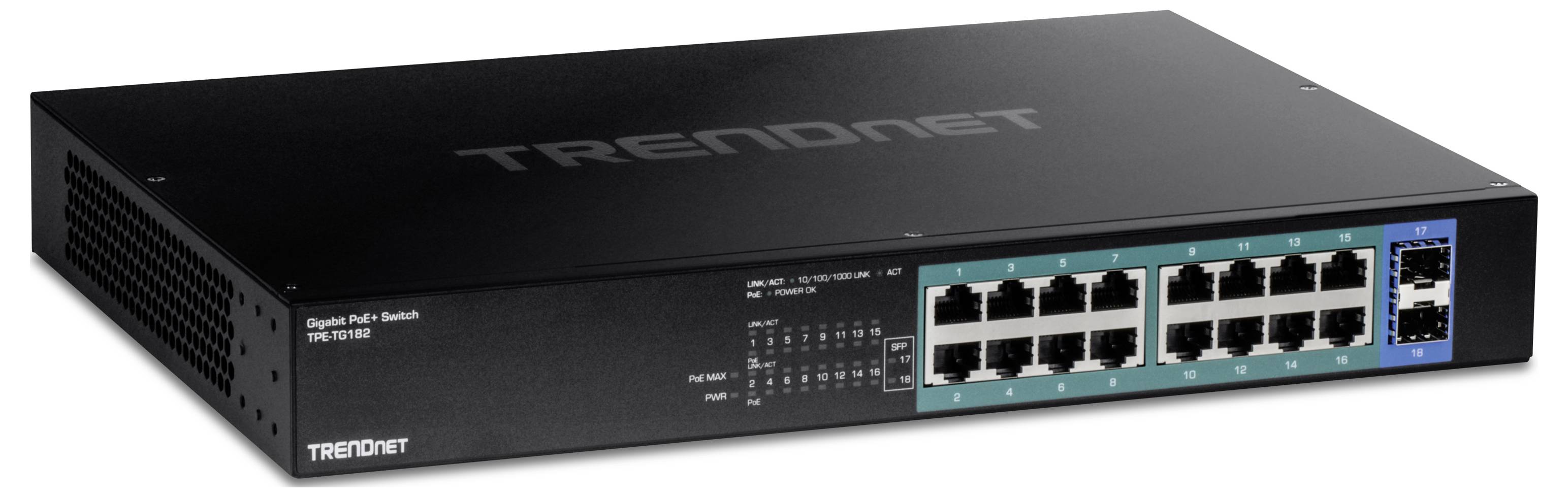 Sieťový prepínač s 16 ethernetovými portami, výrazný značkový názov 'TRENDnet' na hornej strane.