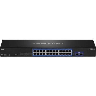 Čierny sieťový switch so 24 ethernetovými portami a 2 ďalšími portami na pravej strane, značky TRENDnet.