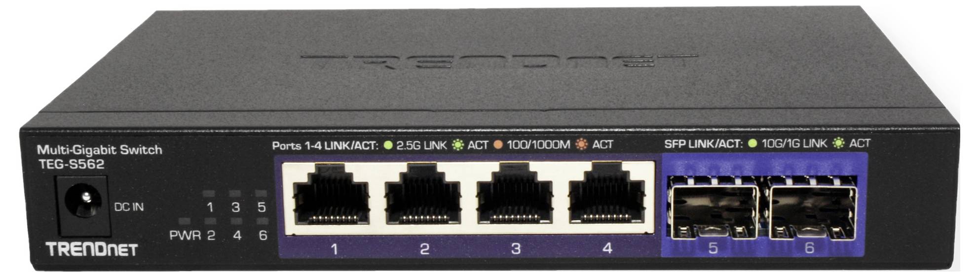 Čierny multi-gigabitový switch so štyrmi ethernetovými portami na ľavej strane a dvoma SFP portami na pravej strane, značky TRENDnet.